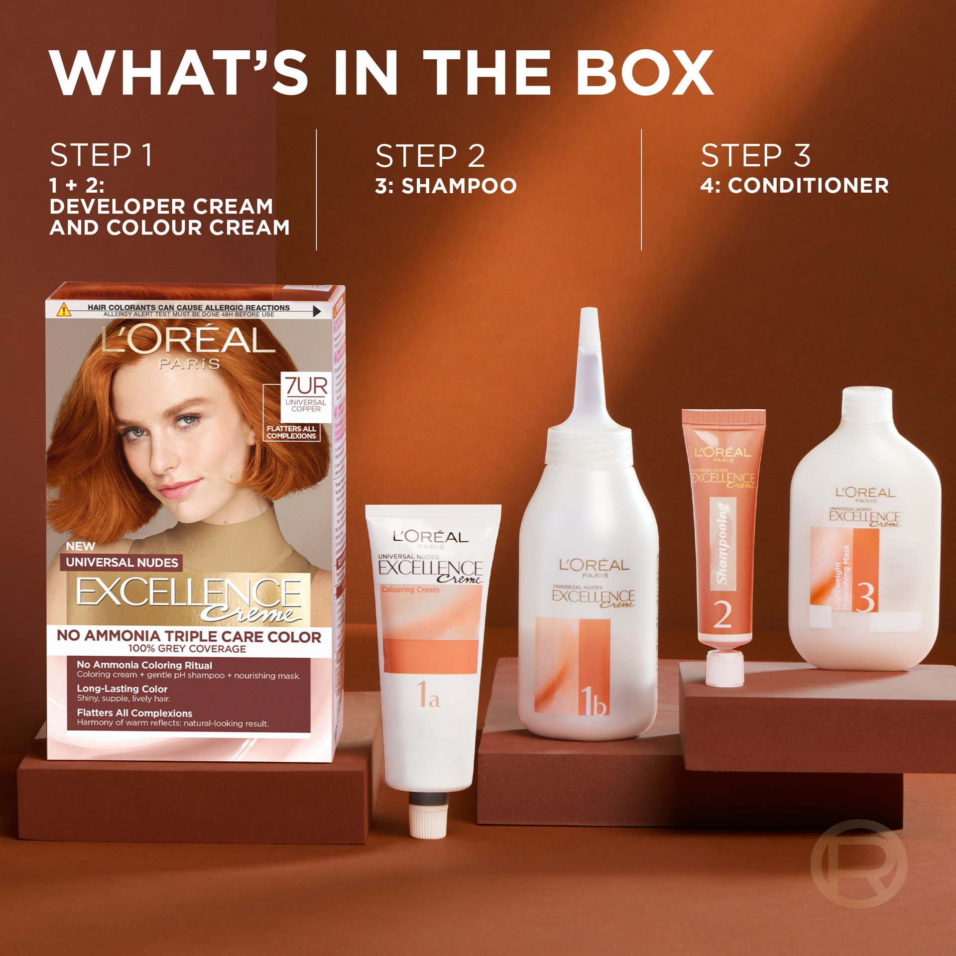 In a Excellence Crème Bronzer hair dye box, there are a developper cream and colour cream, a shampoo and a conditionner